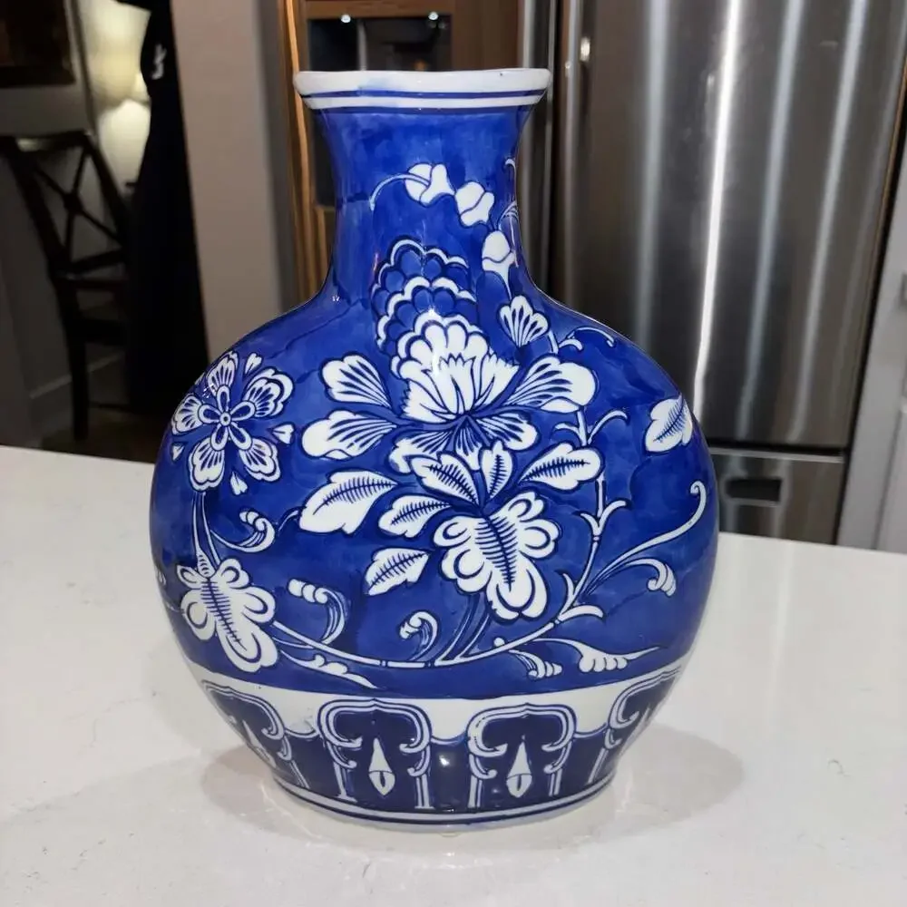 Blue and White Chinoiserie Floral Flat Ceramic Vase
